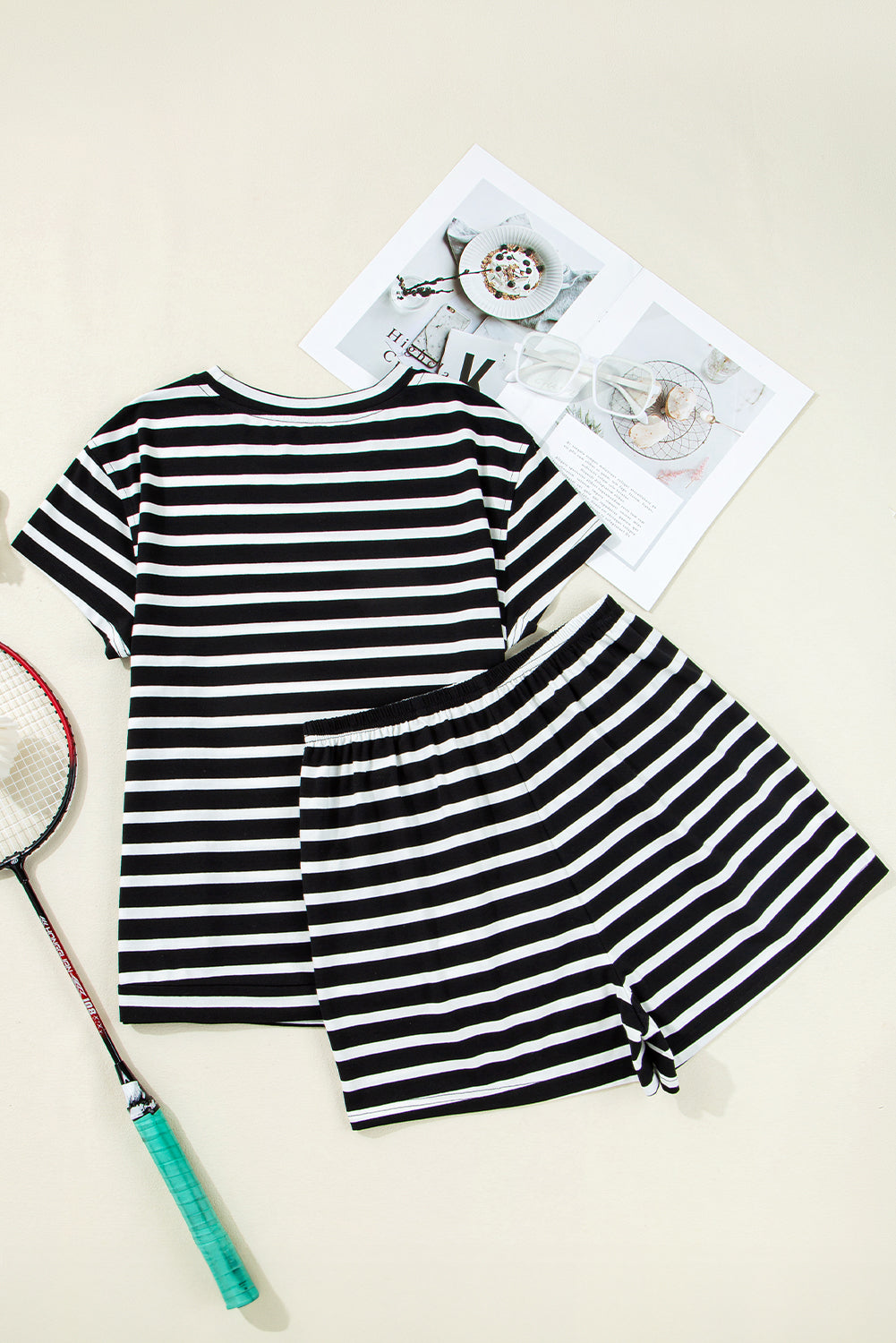 Black White Striped Short Sleeve Tee and Shorts Set