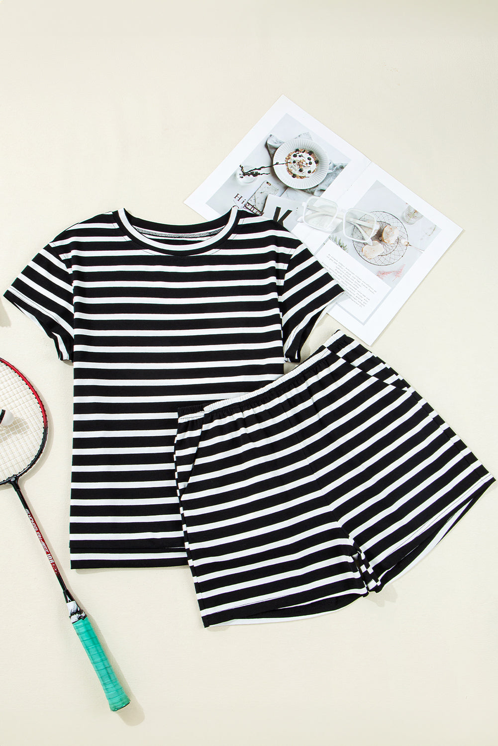Black White Striped Short Sleeve Tee and Shorts Set