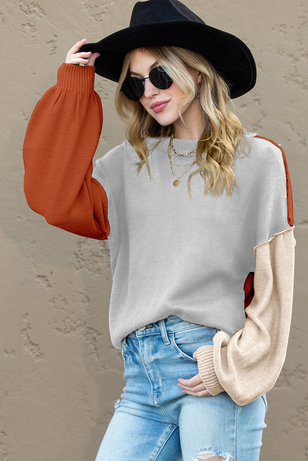 Gray Colorblock Bishop Sleeve Exposed Seam Ribbed Sweater