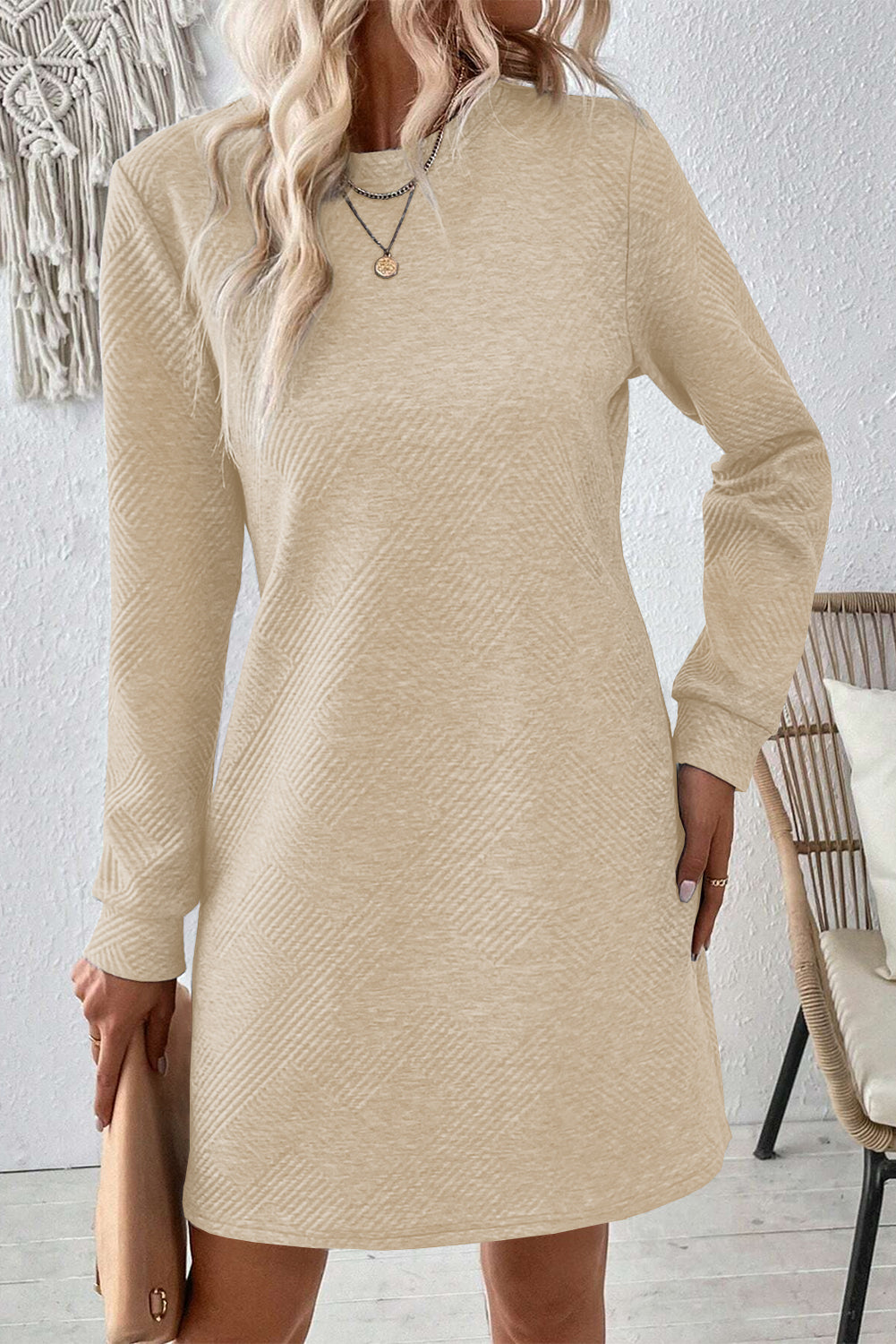 Solid Color Textured Long Sleeve Shift Short Dress