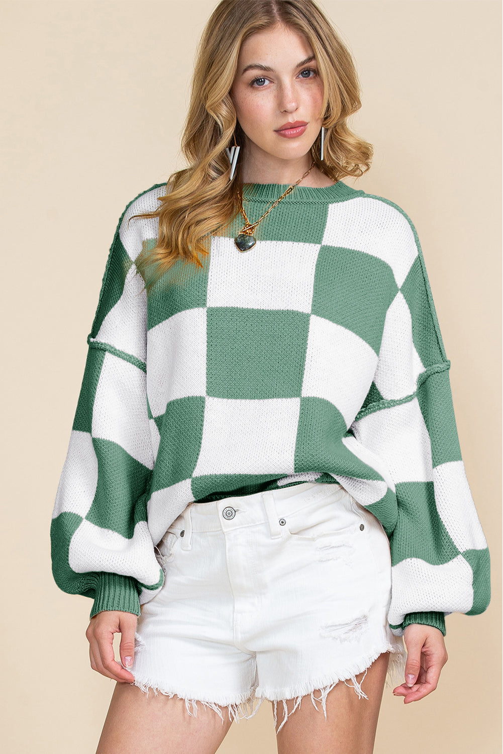 Checkered Bishop Sleeve Pullover Sweater