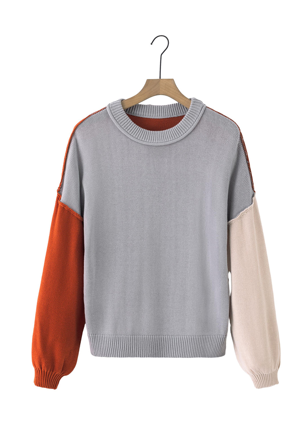 Gray Colorblock Bishop Sleeve Exposed Seam Ribbed Sweater