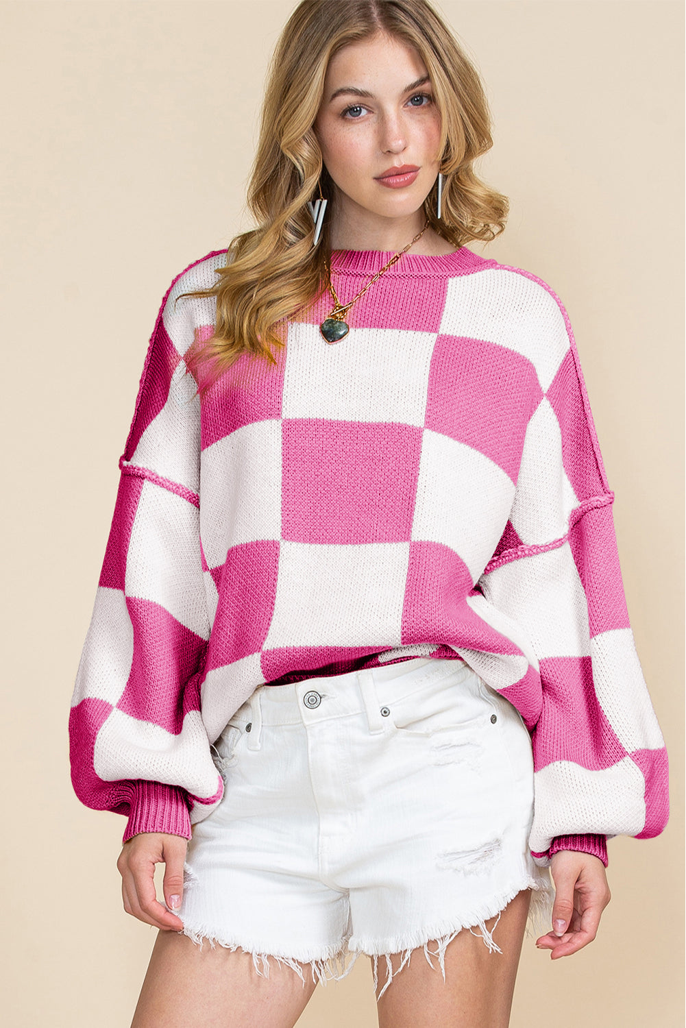 Checkered Bishop Sleeve Pullover Sweater