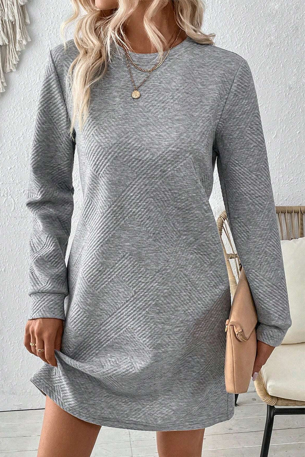 Solid Color Textured Long Sleeve Shift Short Dress