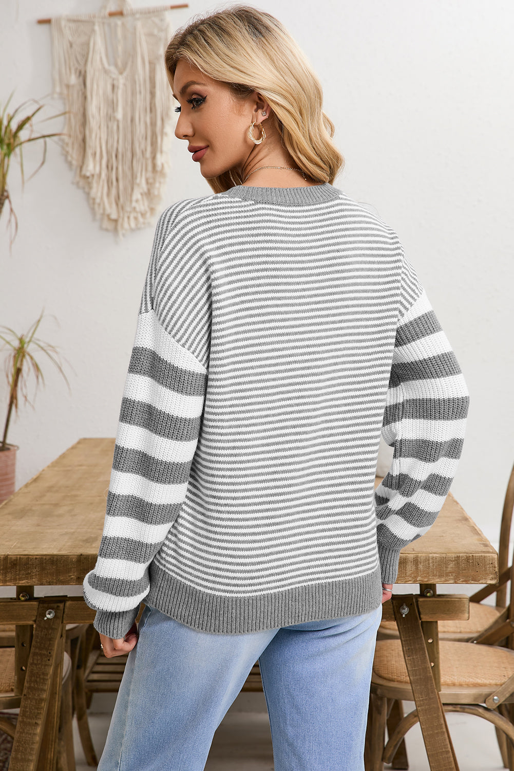 Gray Stripe Twisted Knitted Drop Shoulder Sweater