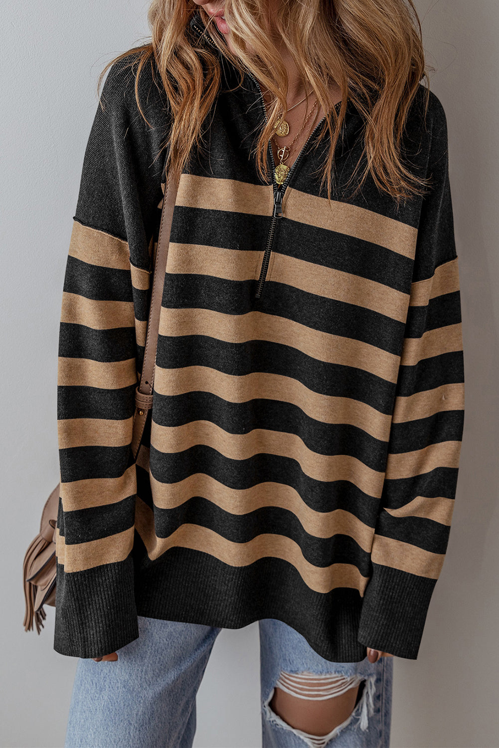 Black Striped Collared Quarter Zip Oversized Sweater