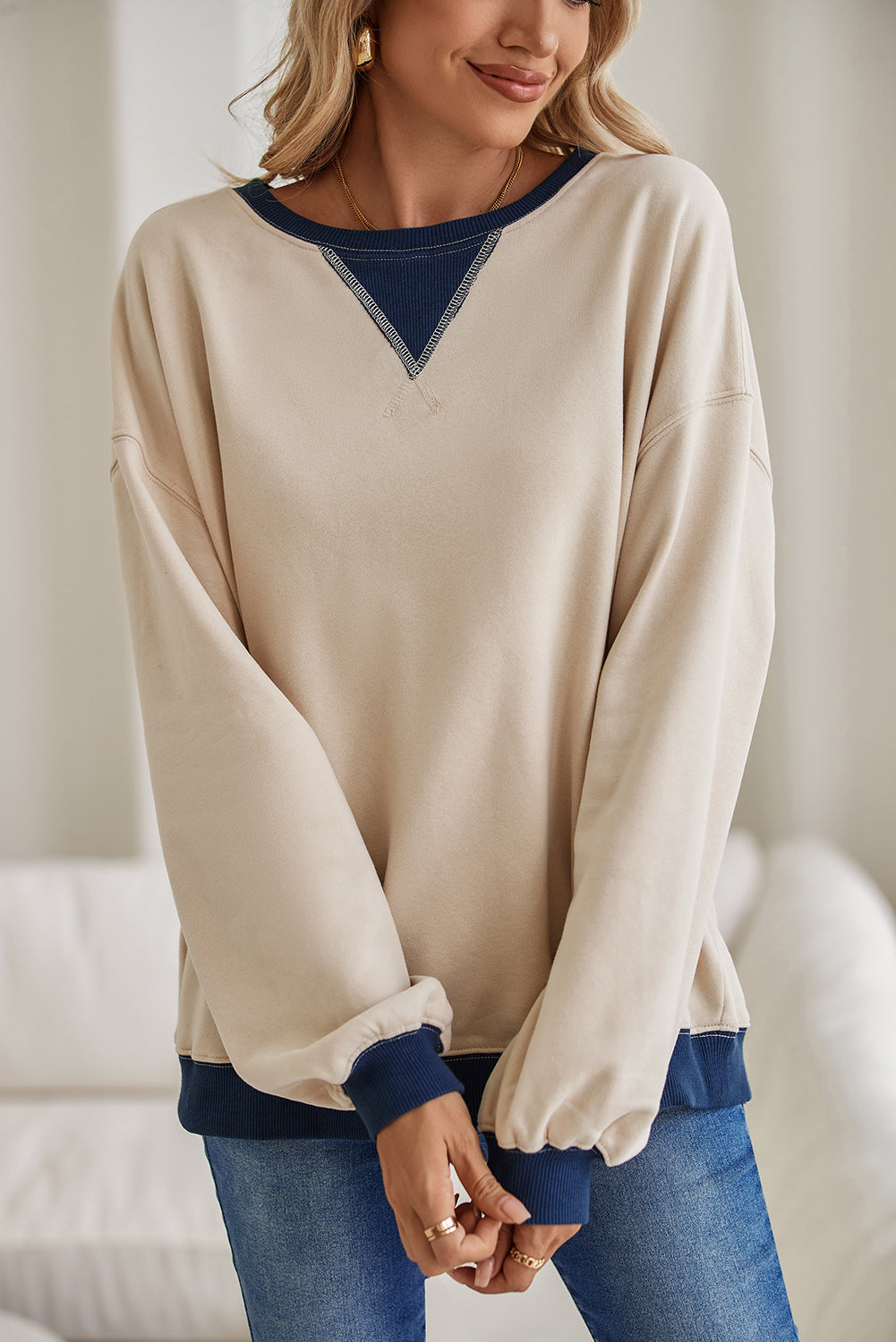 Red Clay Color Block Drop Shoulder Crewneck Oversized Sweatshirt