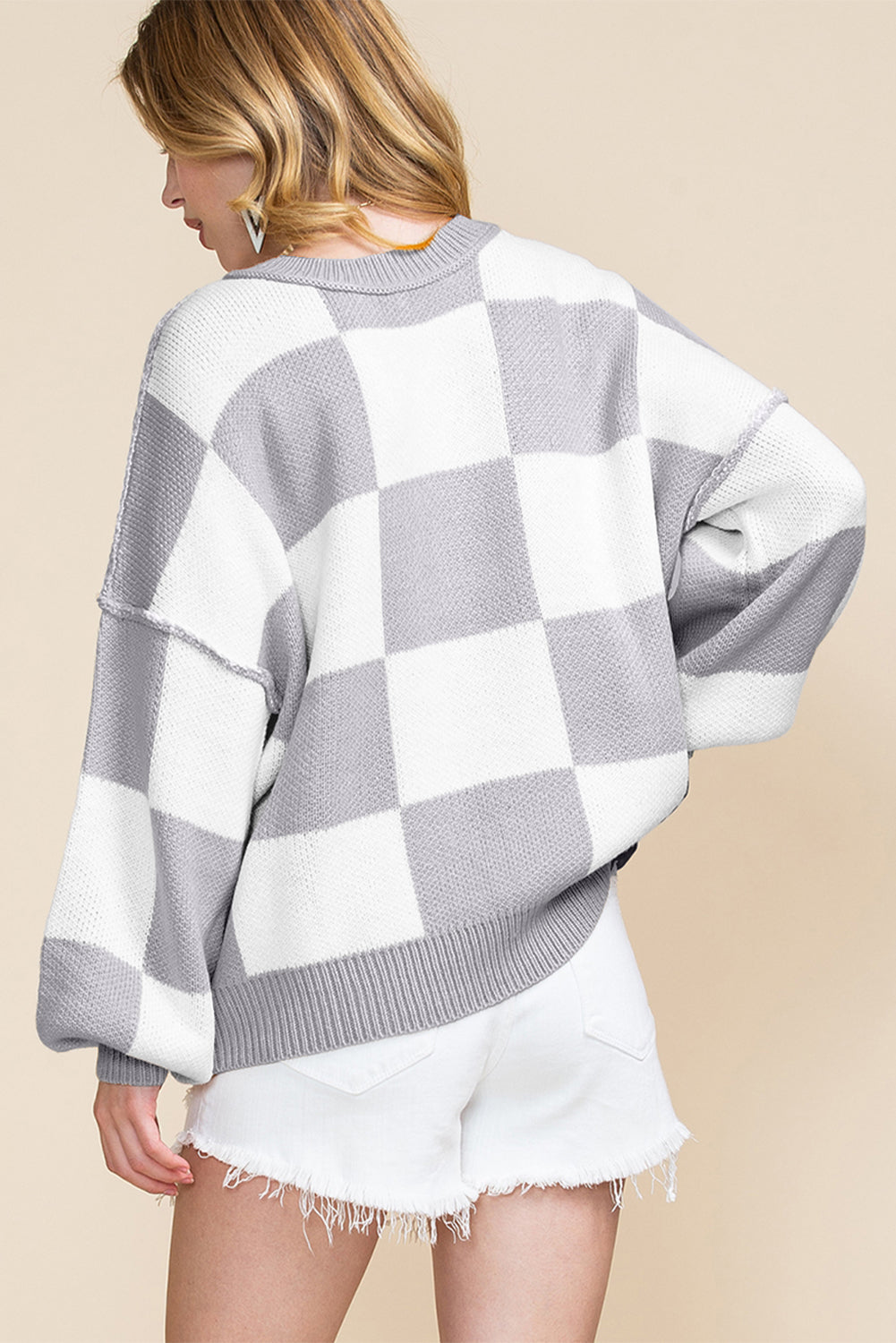 Checkered Bishop Sleeve Pullover Sweater