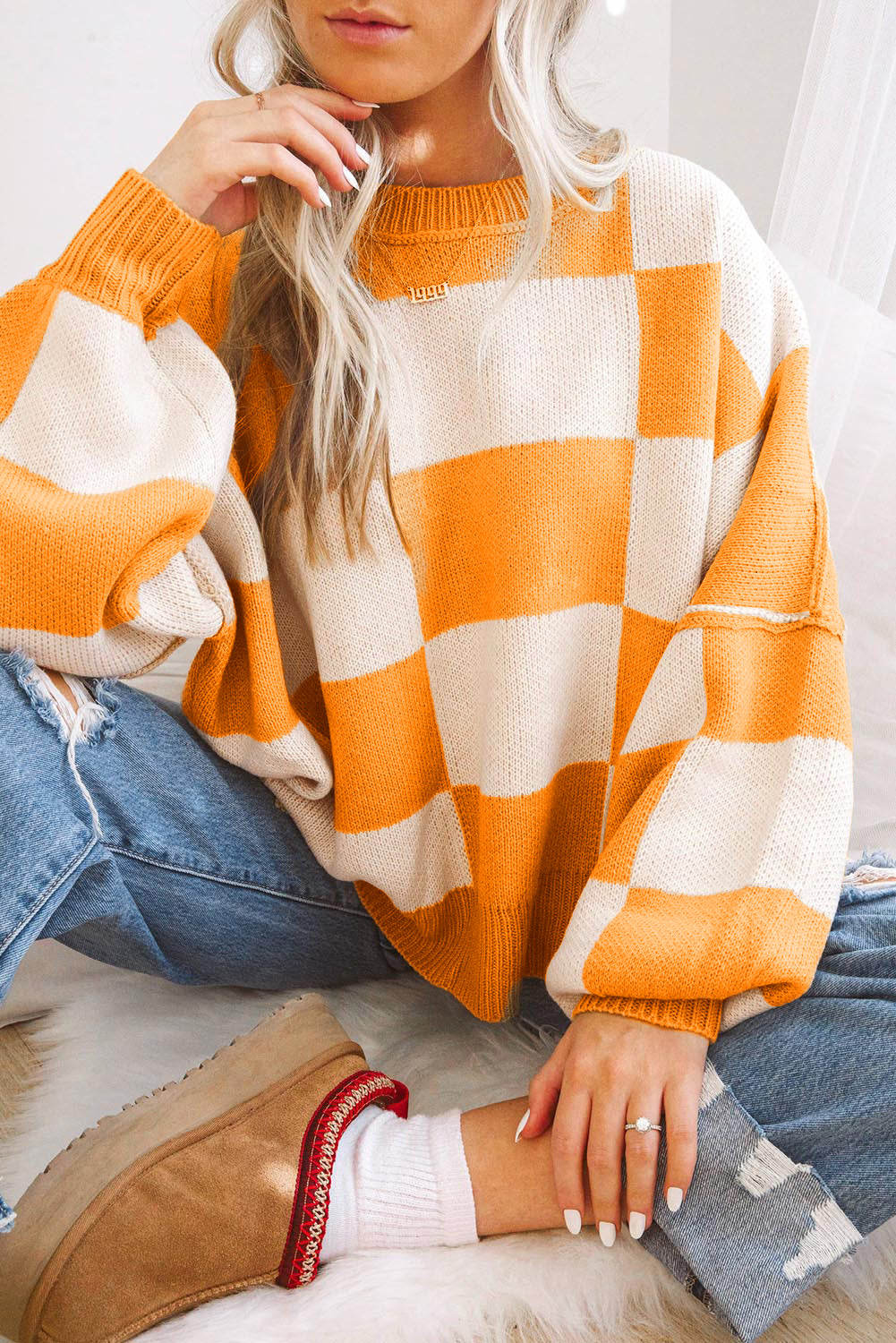 Checkered Bishop Sleeve Pullover Sweater