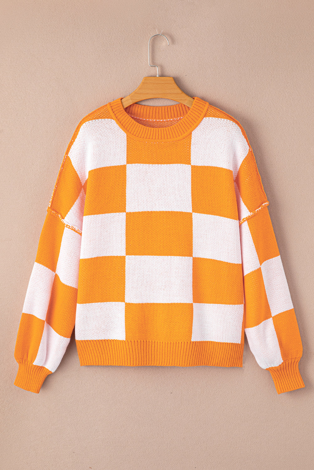 Checkered Bishop Sleeve Pullover Sweater