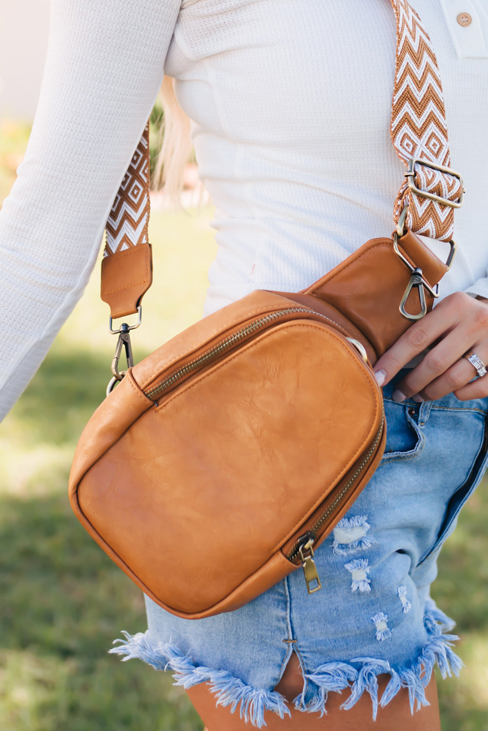 Brown Faux Leather Zipped Western Crossbody Sling Bag