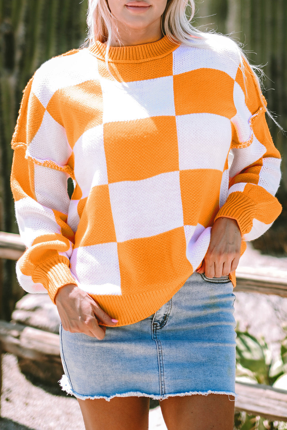 Checkered Bishop Sleeve Pullover Sweater