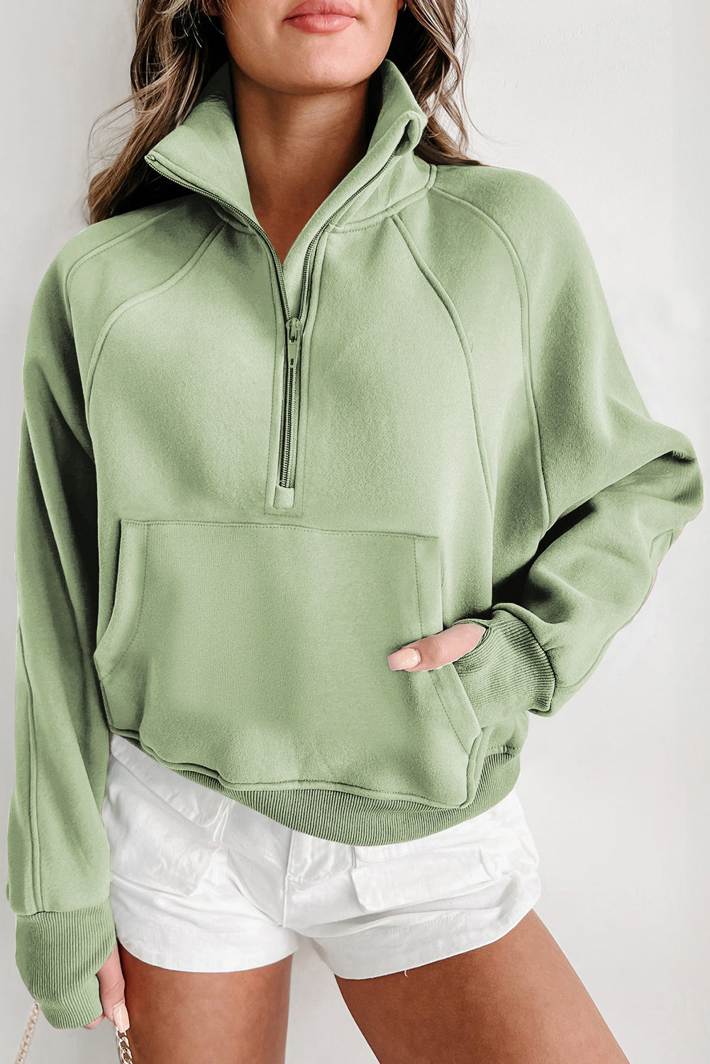 Zip Up Stand Collar Thumbhole Sleeve Sweatshirt