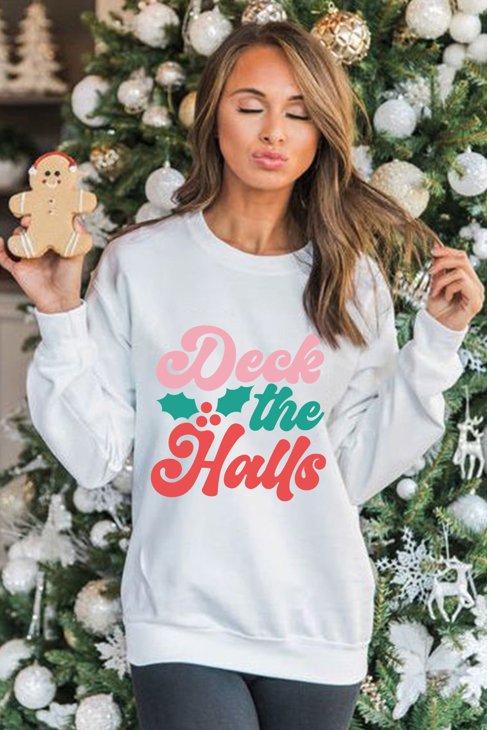 Beige Deek the Halls Graphic Round Neck Sweatshirt