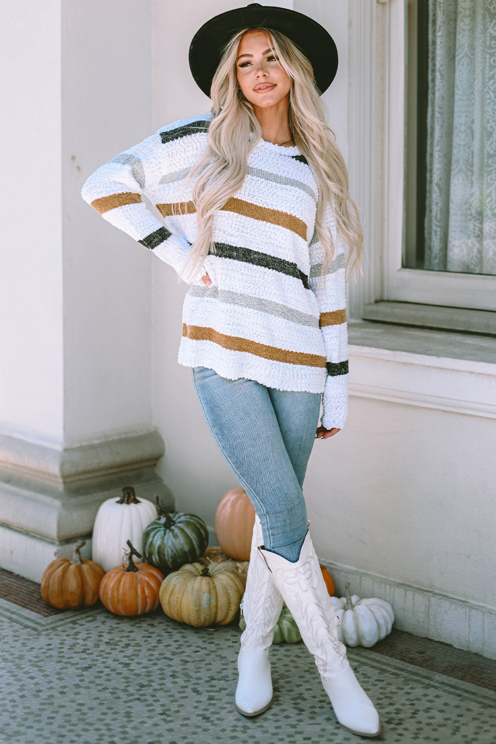 Striped Round Neck Dropped Shoulder Sweater