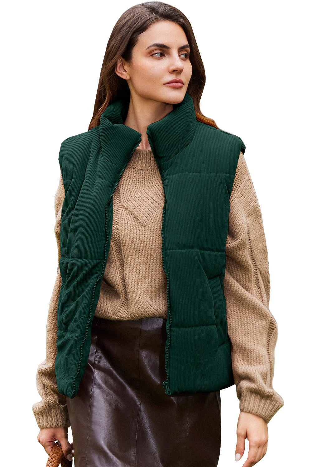 Coffee Solid Color Corduroy Puffer Vest Coat