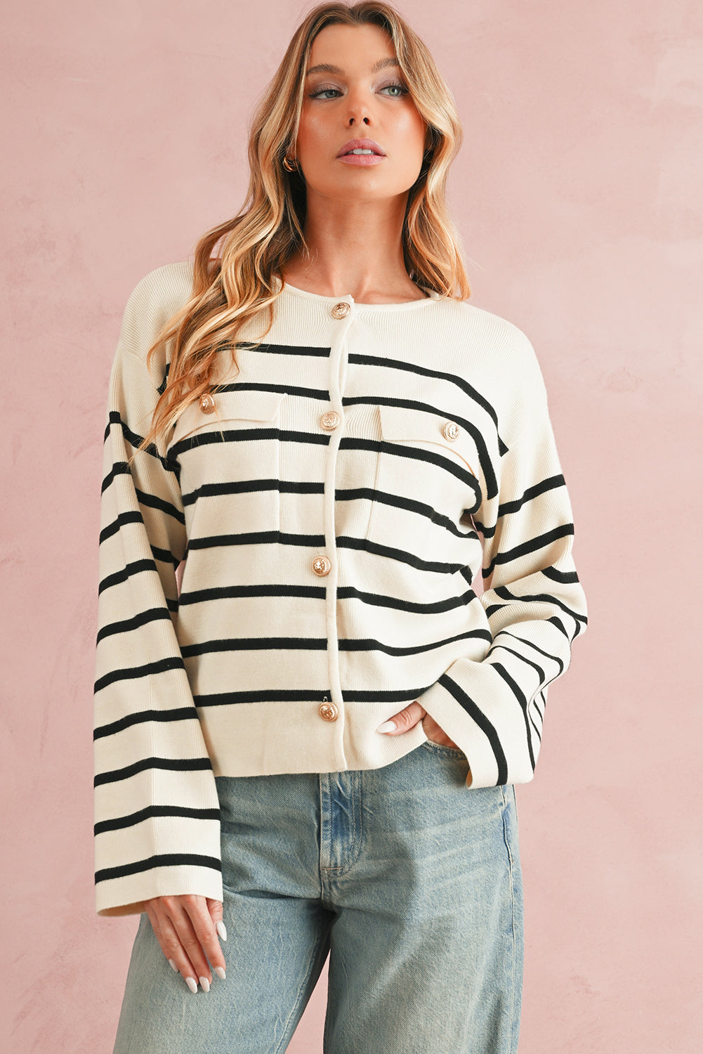 Black Stripe Flap Pocket Button Up Cardigan