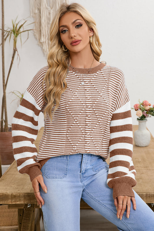 Gray Stripe Twisted Knitted Drop Shoulder Sweater