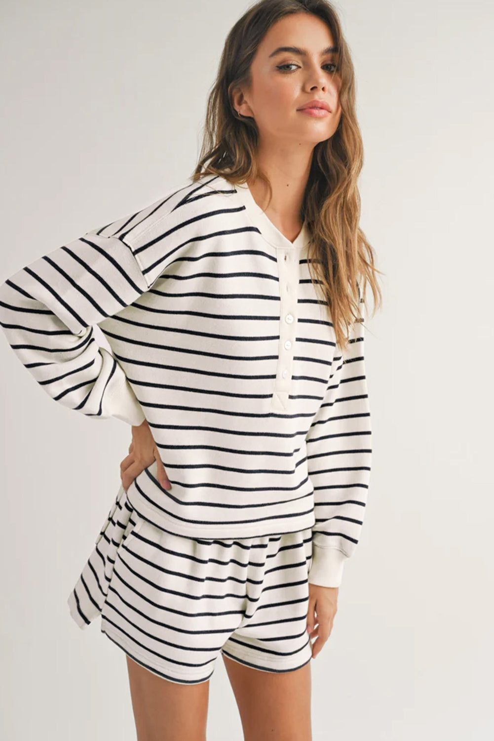 Striped Henley Pullover and Shorts Set