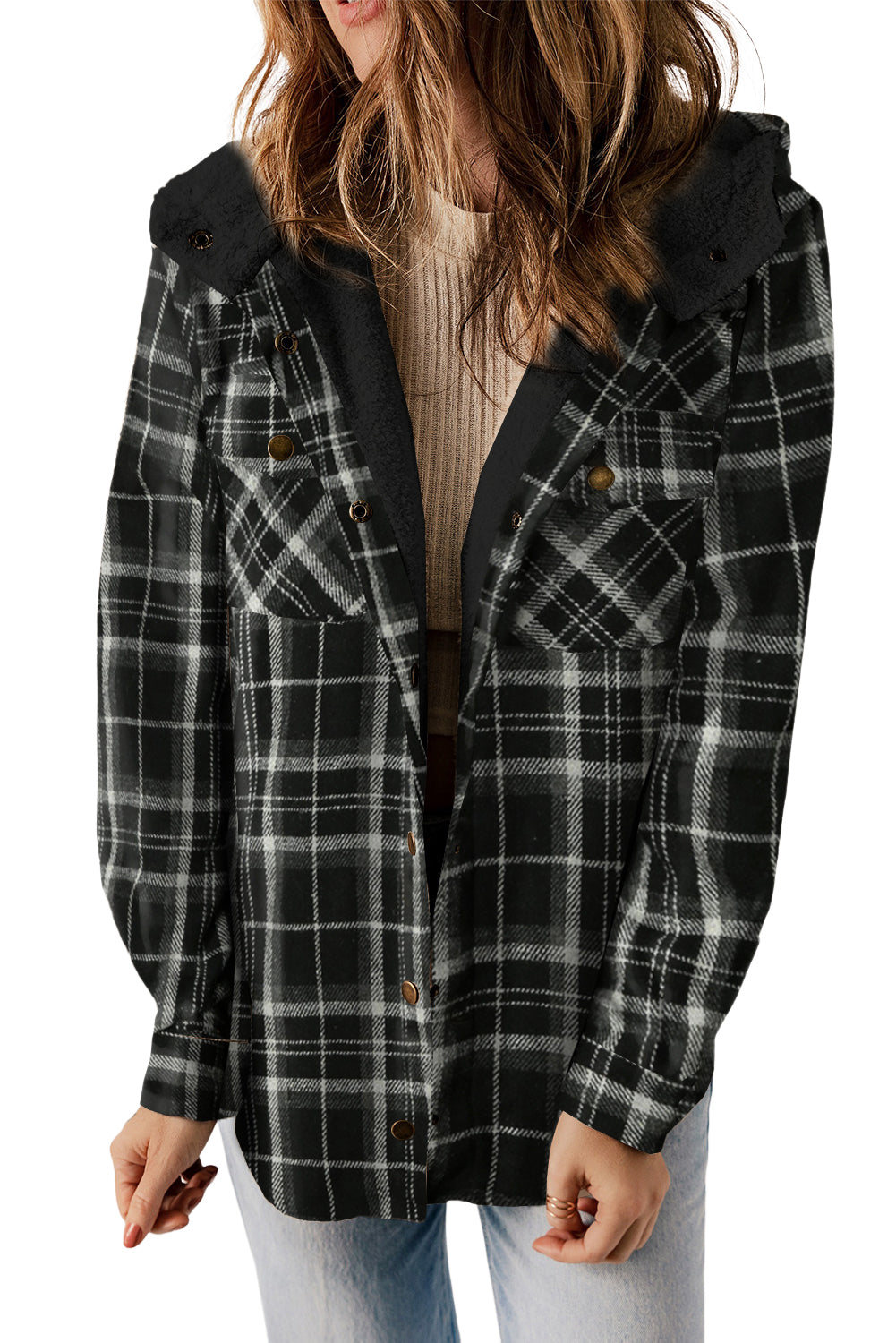 Snap Button Sherpa Lined Hooded Flannel Jacket