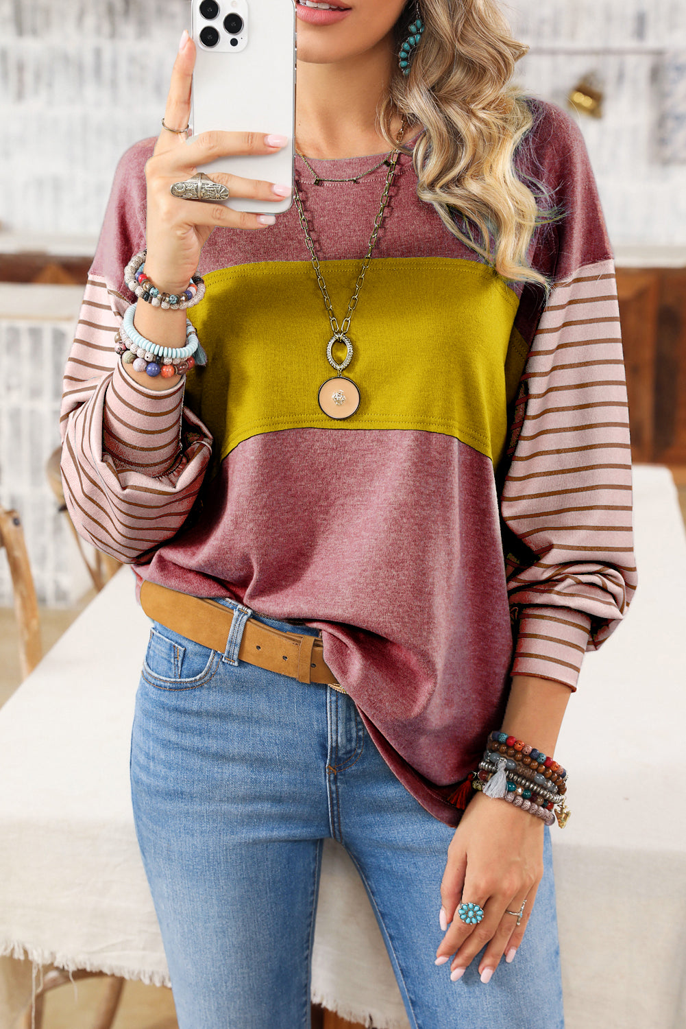 Colorblock Striped Bishop Sleeve Top with Side Slits