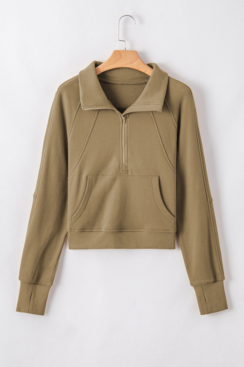 Zip Up Stand Collar Thumbhole Sleeve Sweatshirt