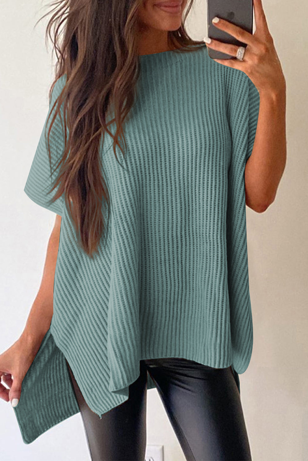 Haze Blue Side Slit Short Sleeve Oversized Sweater