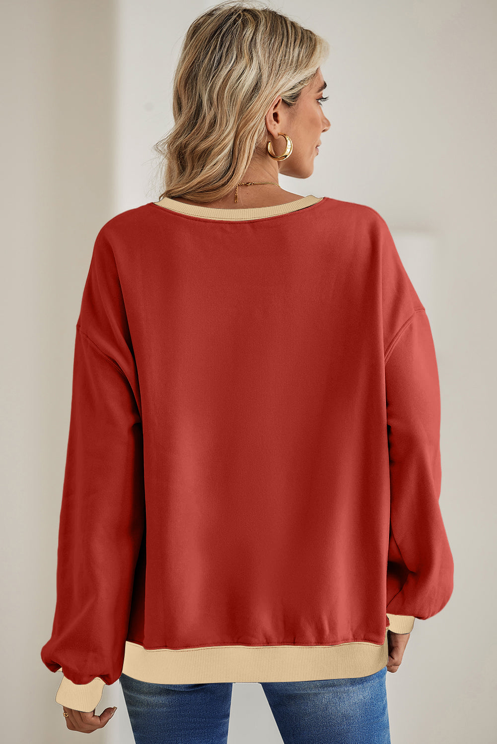 Red Clay Color Block Drop Shoulder Crewneck Oversized Sweatshirt