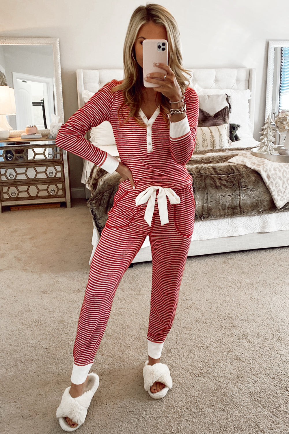 Striped Buttoned V Neck Top and Knotted Waist Pants Pajama Set