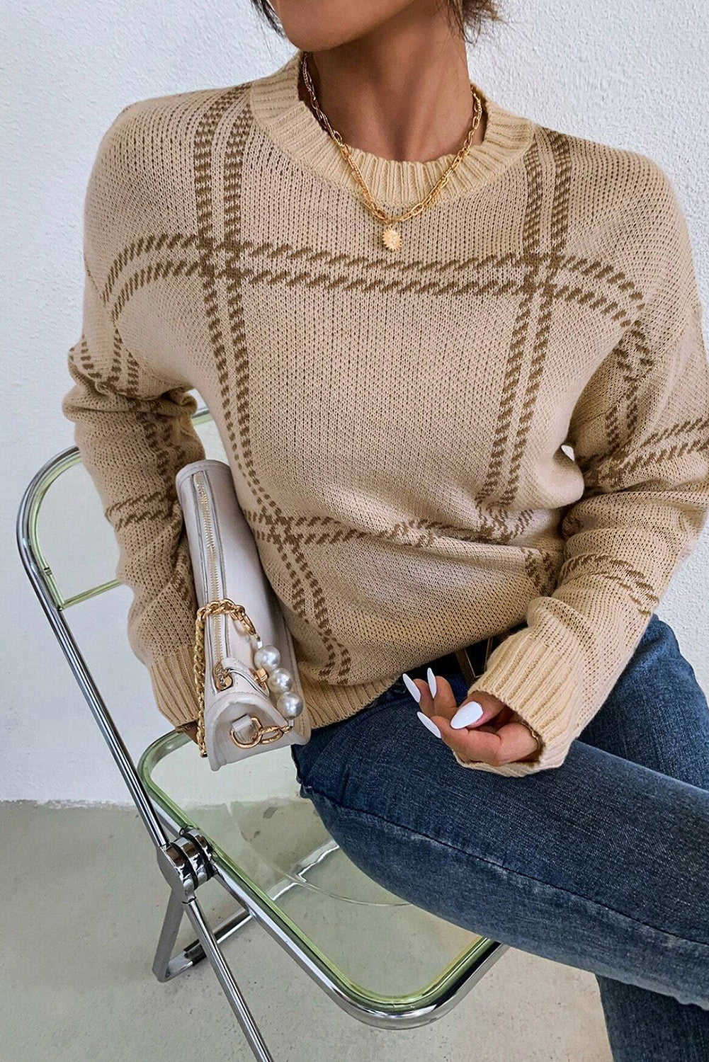 Khaki Plaid Pattern Knitted Drop Shoulder Sweater