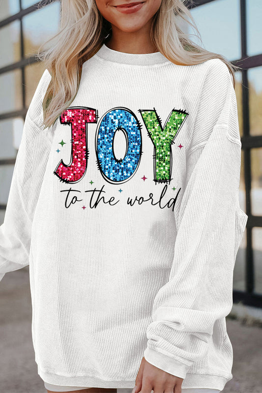 White JOY to the world Ribbed Crewneck Graphic Pullover Sweatshirt