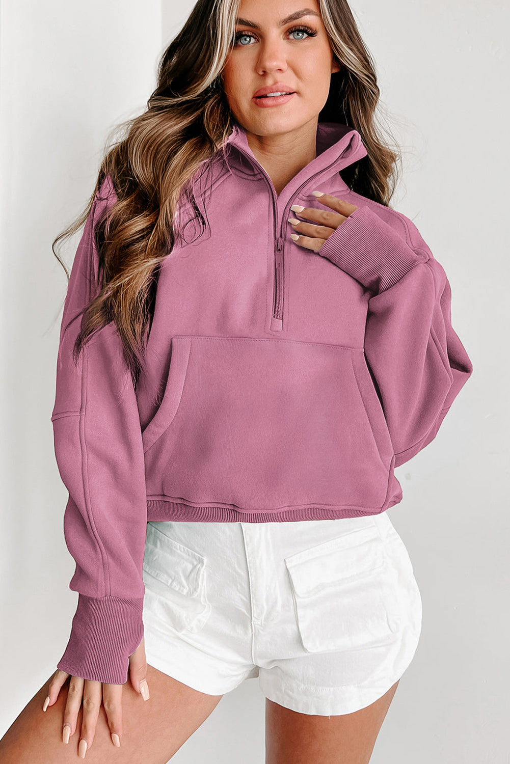 Zip Up Stand Collar Thumbhole Sleeve Sweatshirt