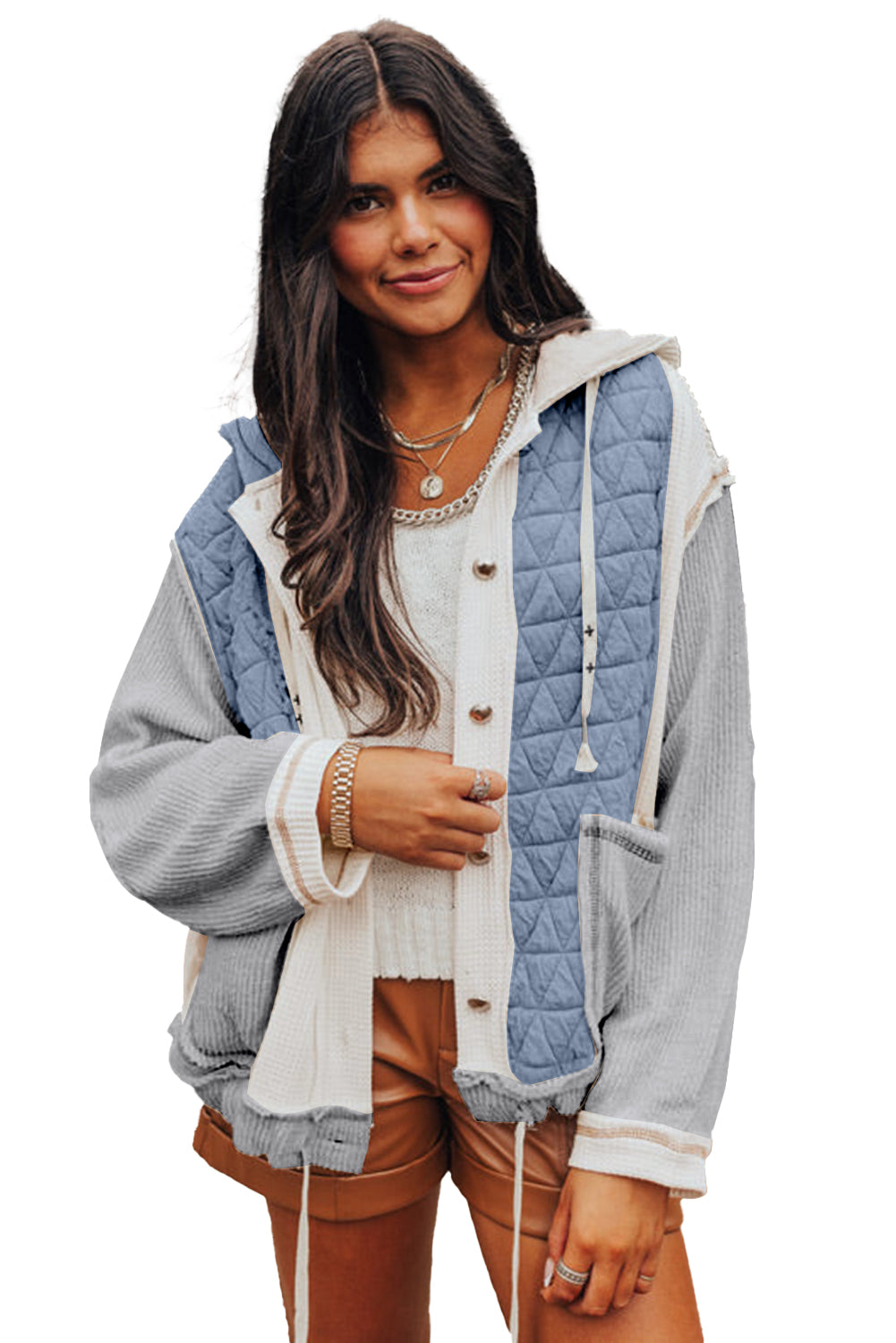 Light Blue Quilted Textured Patchwork Hooded Jacket