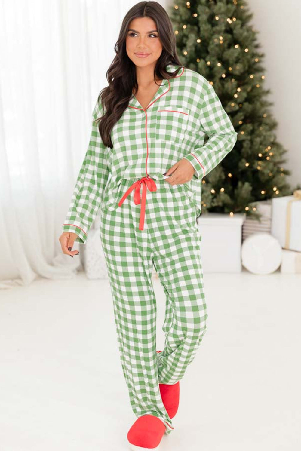 Plaid Print Shirt and Drawstring Pants Pajama Set