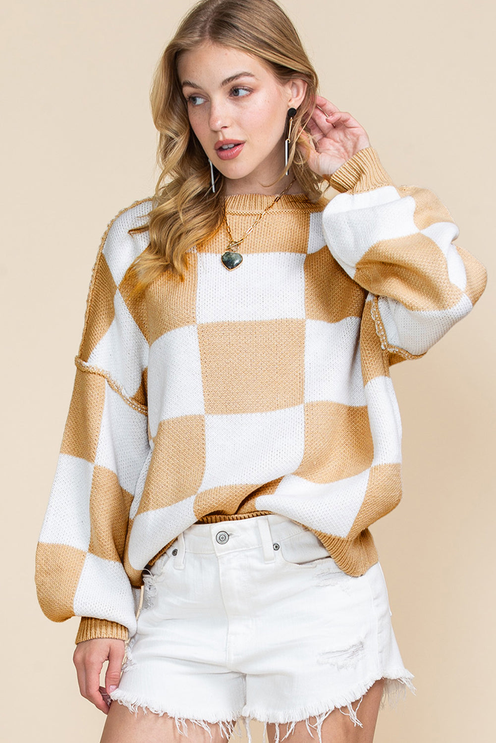 Checkered Bishop Sleeve Pullover Sweater