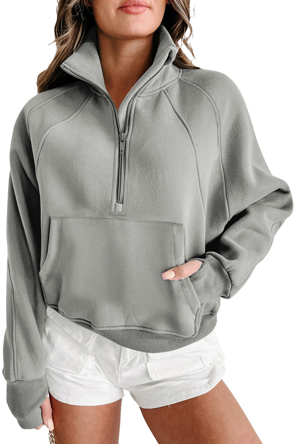 Zip Up Stand Collar Thumbhole Sleeve Sweatshirt