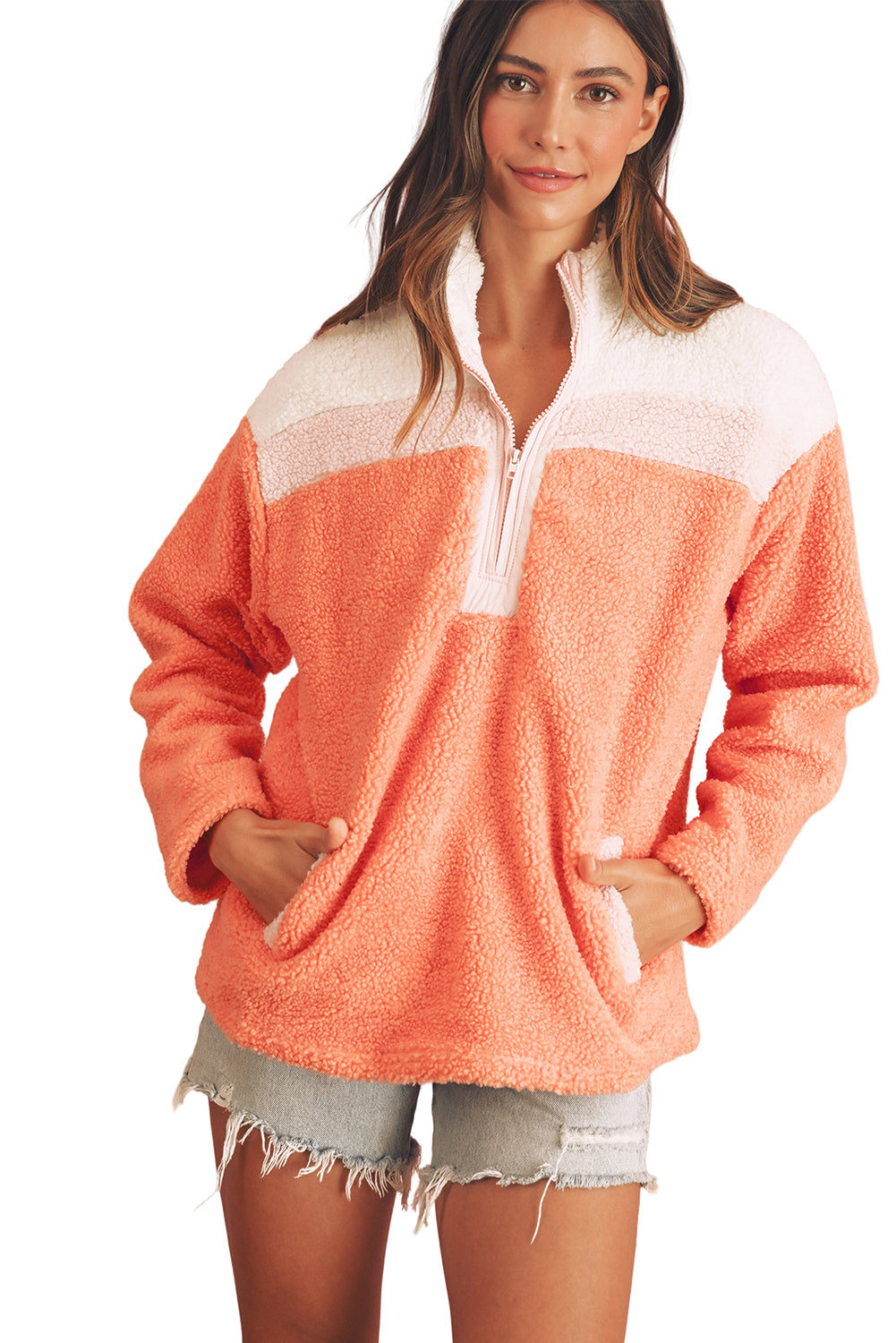 Orange Colorblock Zipper Stand Neck Sherpa Sweatshirt