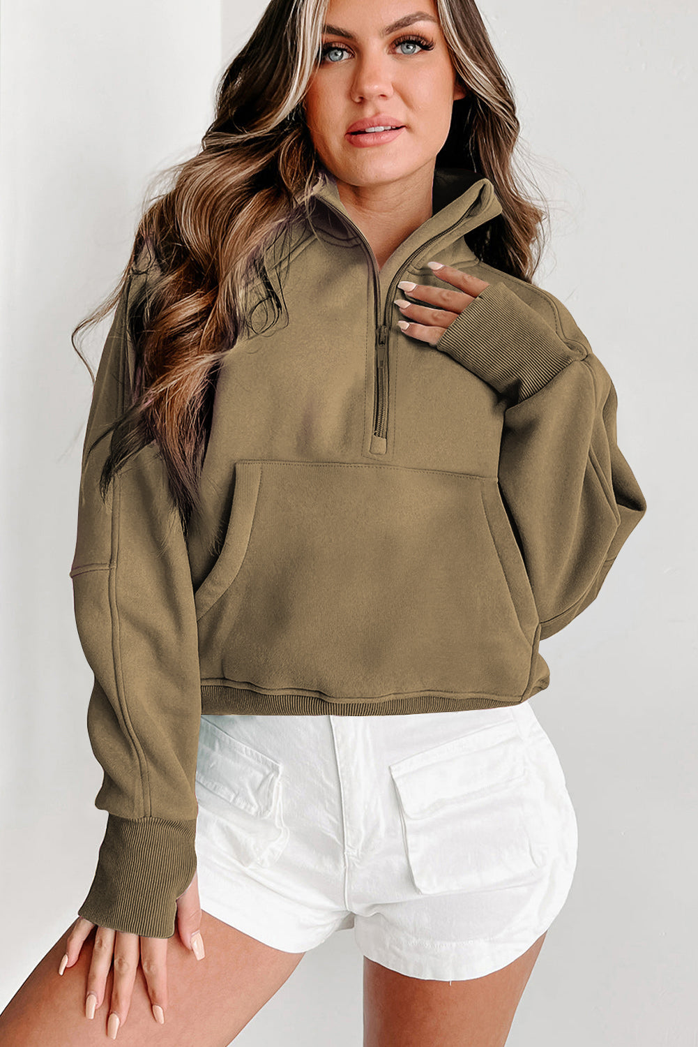 Zip Up Stand Collar Thumbhole Sleeve Sweatshirt