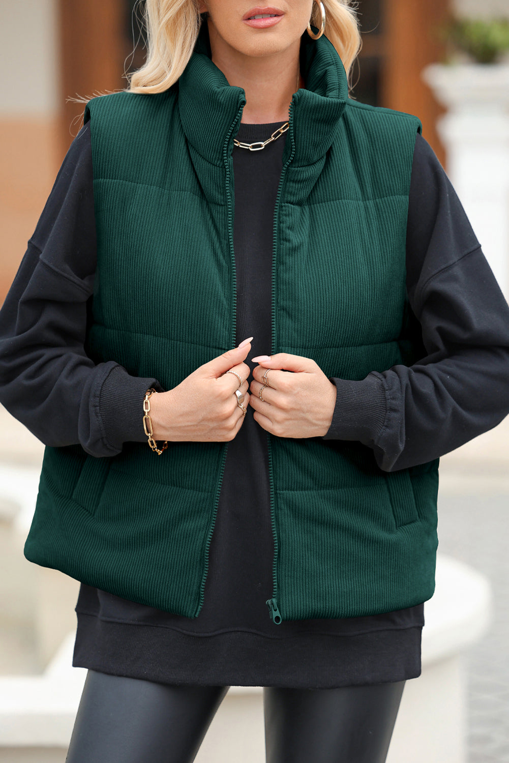 Coffee Solid Color Corduroy Puffer Vest Coat