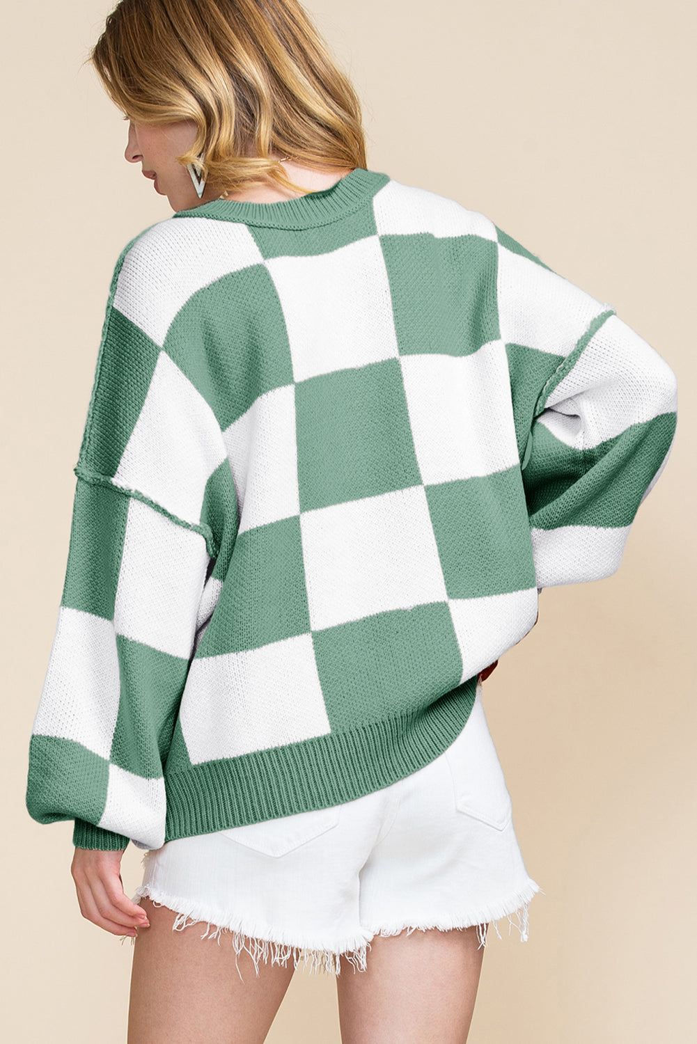 Checkered Bishop Sleeve Pullover Sweater