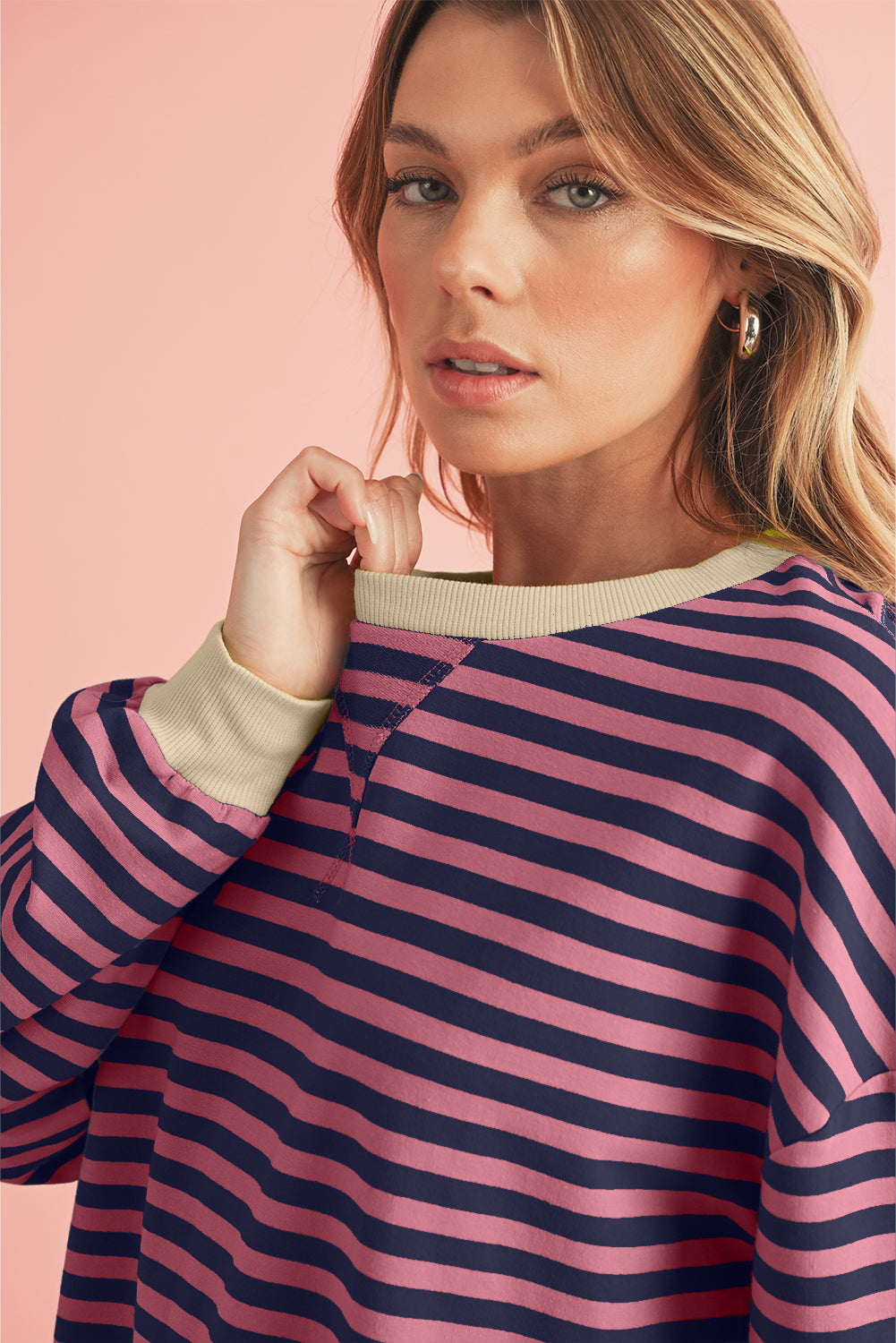 Red Stripe Contrast Edge Oversized Pullover