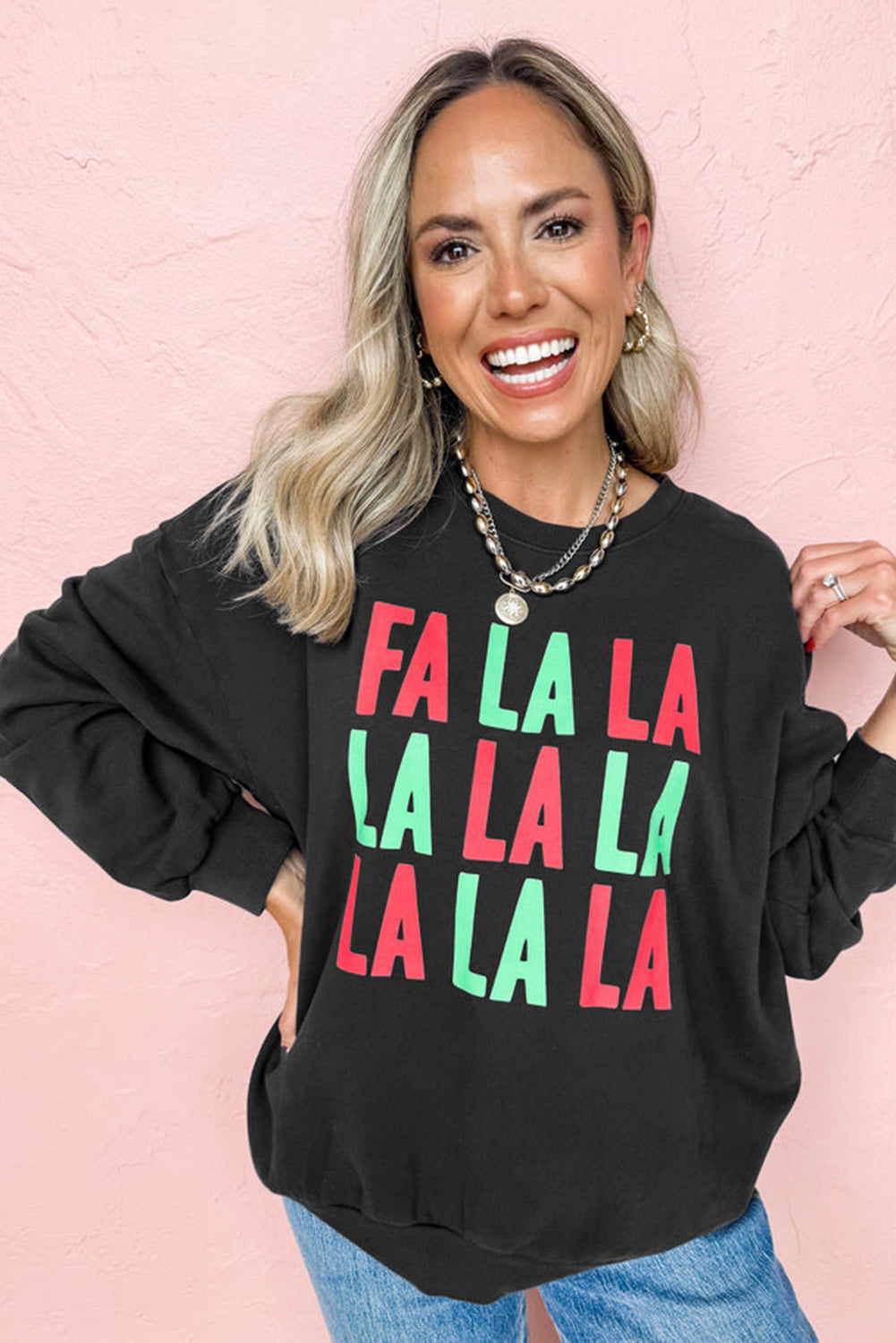 Black FA LA LA LA Print Round Neck Sweatshirt