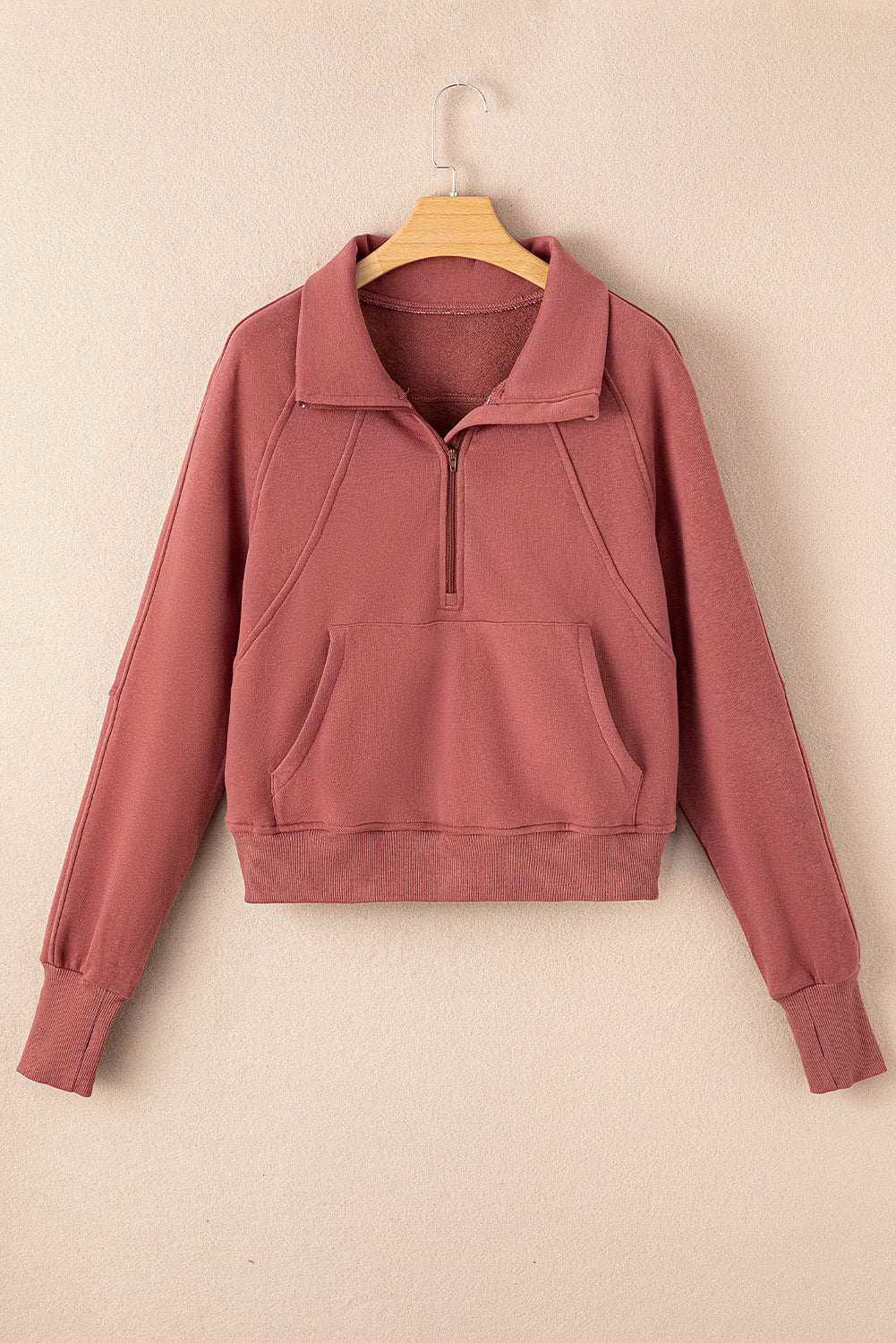 Zip Up Stand Collar Thumbhole Sleeve Sweatshirt