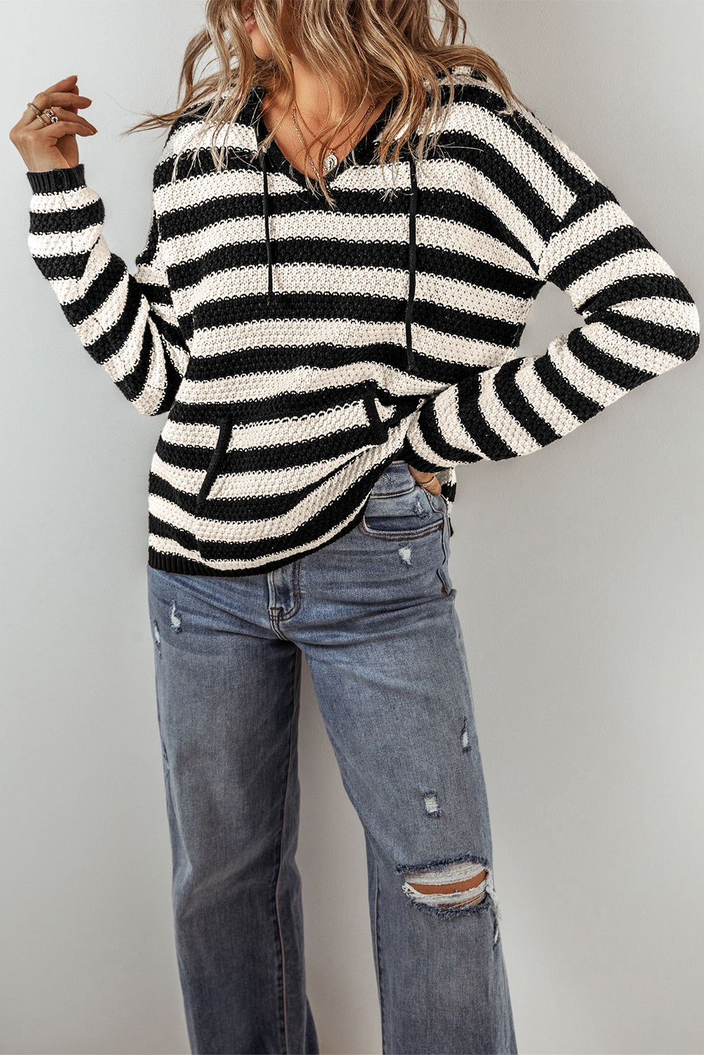 Blue Stripe Kangaroo Pocket Hooded Sweater