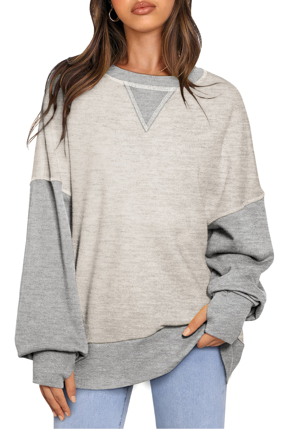 Light Grey Color Block Thumbhole Sleeve Drop Shoulder Sweatshirt