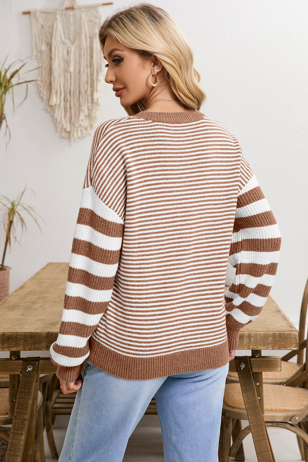 Gray Stripe Twisted Knitted Drop Shoulder Sweater