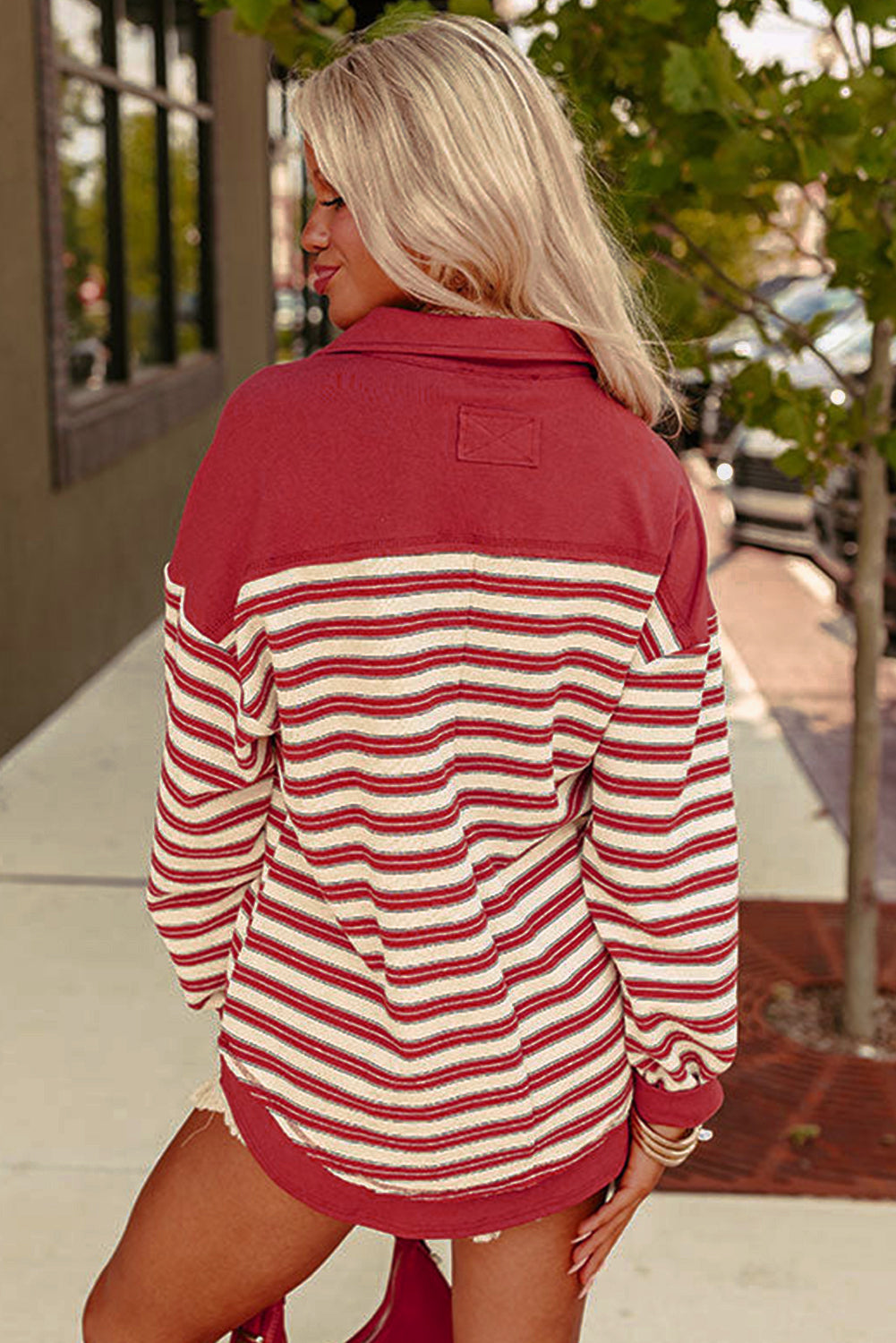 Red Stripe Collared V Neck Drop Shoulder Top