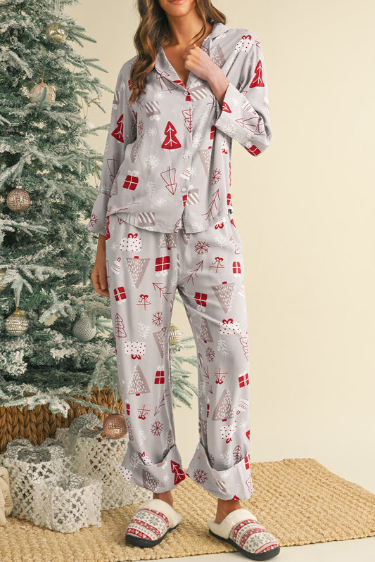 Light Grey Christmas Tree Gifts Print Shirt and Pants Pajama Set