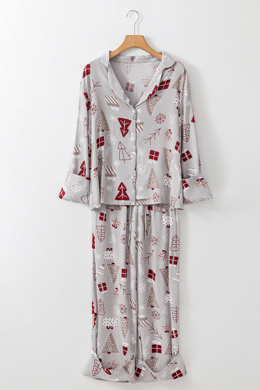 Light Grey Christmas Tree Gifts Print Shirt and Pants Pajama Set