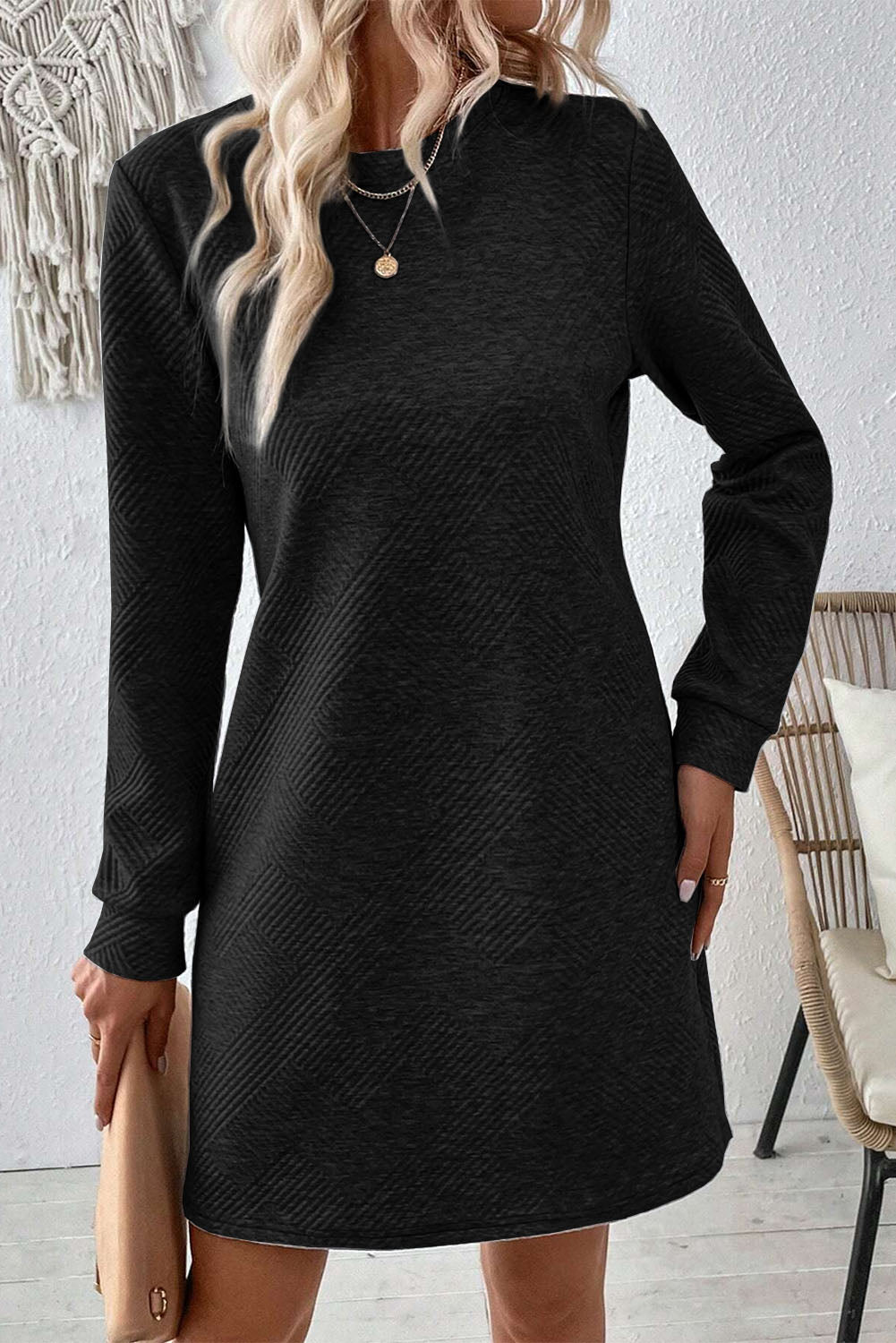 Solid Color Textured Long Sleeve Shift Short Dress